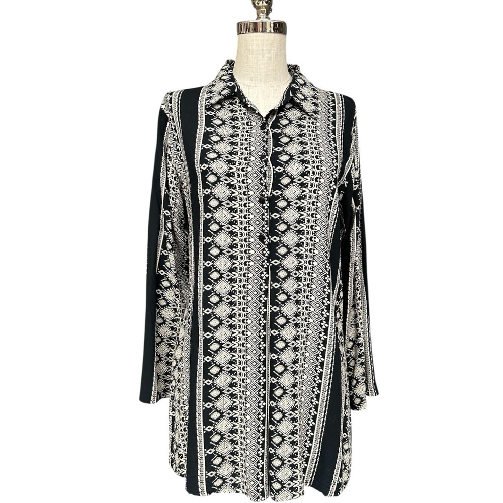 Kaktus Black & Cream Tribal Print Tunic, Size Medium, Boho Lightweight Tunic Top
